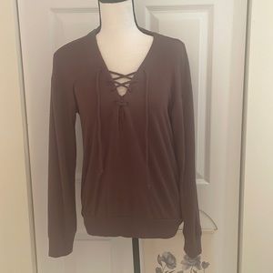 Aritzia Wilfred Free Lace Up Brown Antonova Knit Top